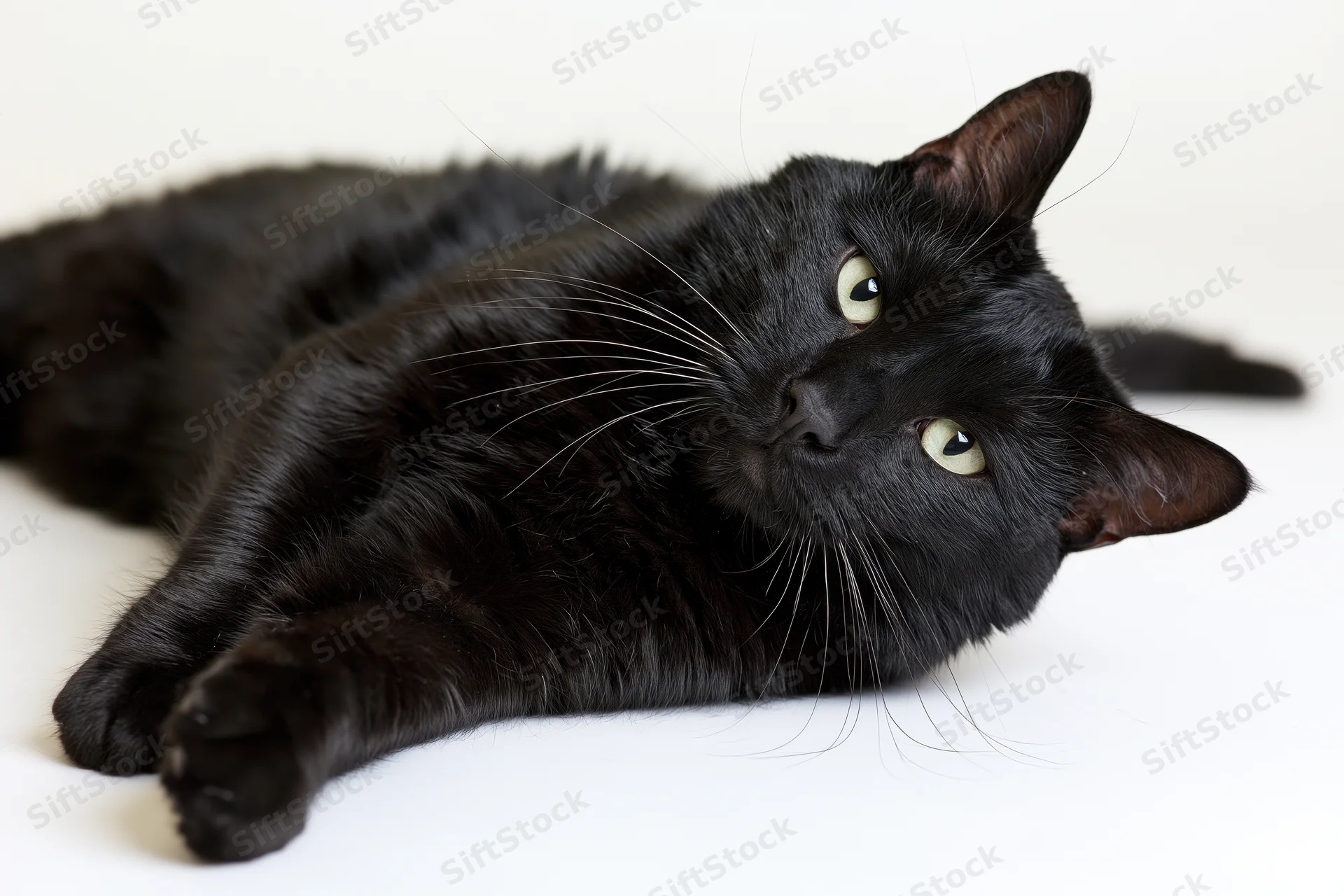 Black domestic cat lying on its side with head raised and green eyes looking up against white background