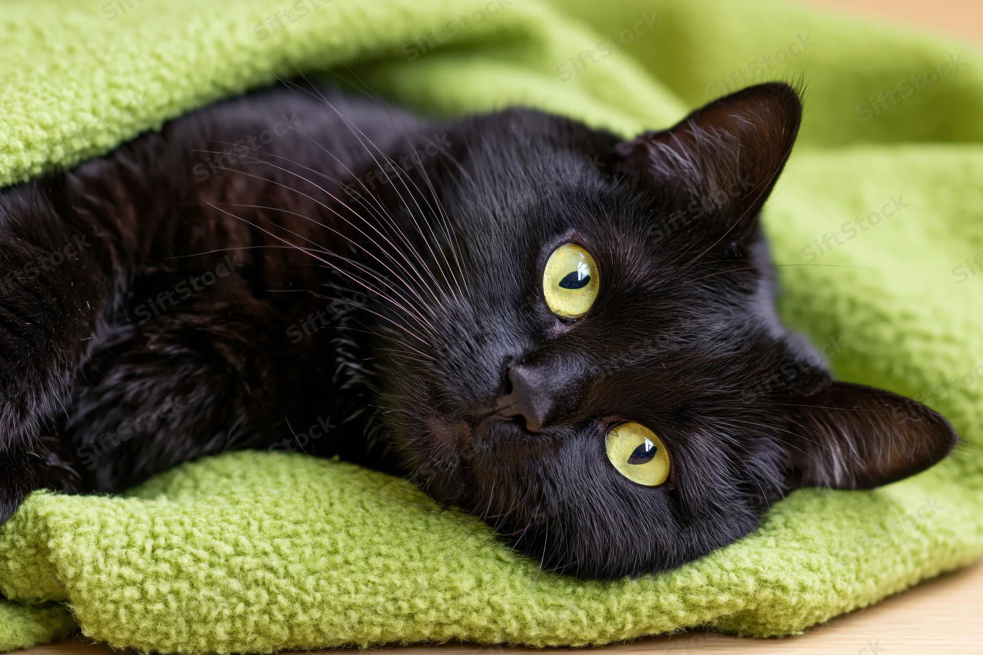 Black domestic cat lying on its side with head resting on a green knitted blanket indoors