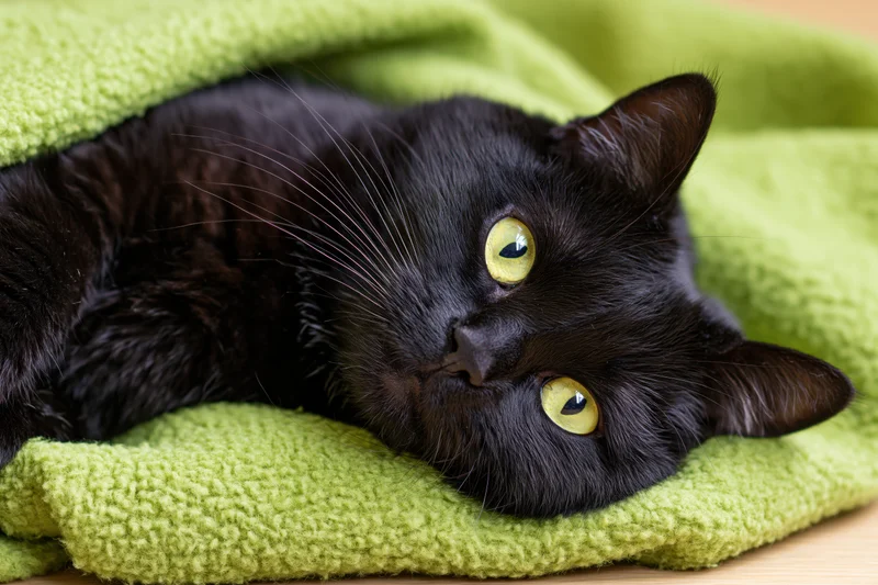 Black domestic cat lying on its side with head resting on a green knitted blanket indoors