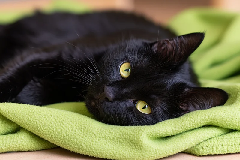 Black domestic cat lying on its side with head resting on green towel indoors