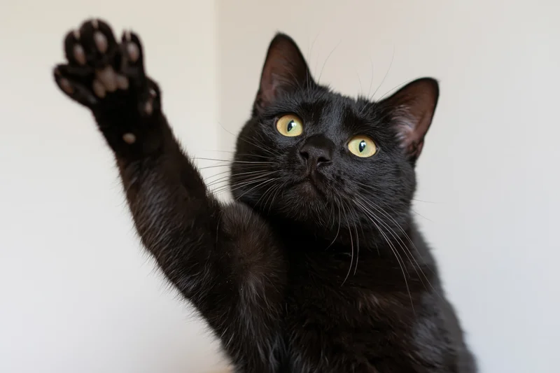 Black domestic cat raising one paw toward camera in indoor setting