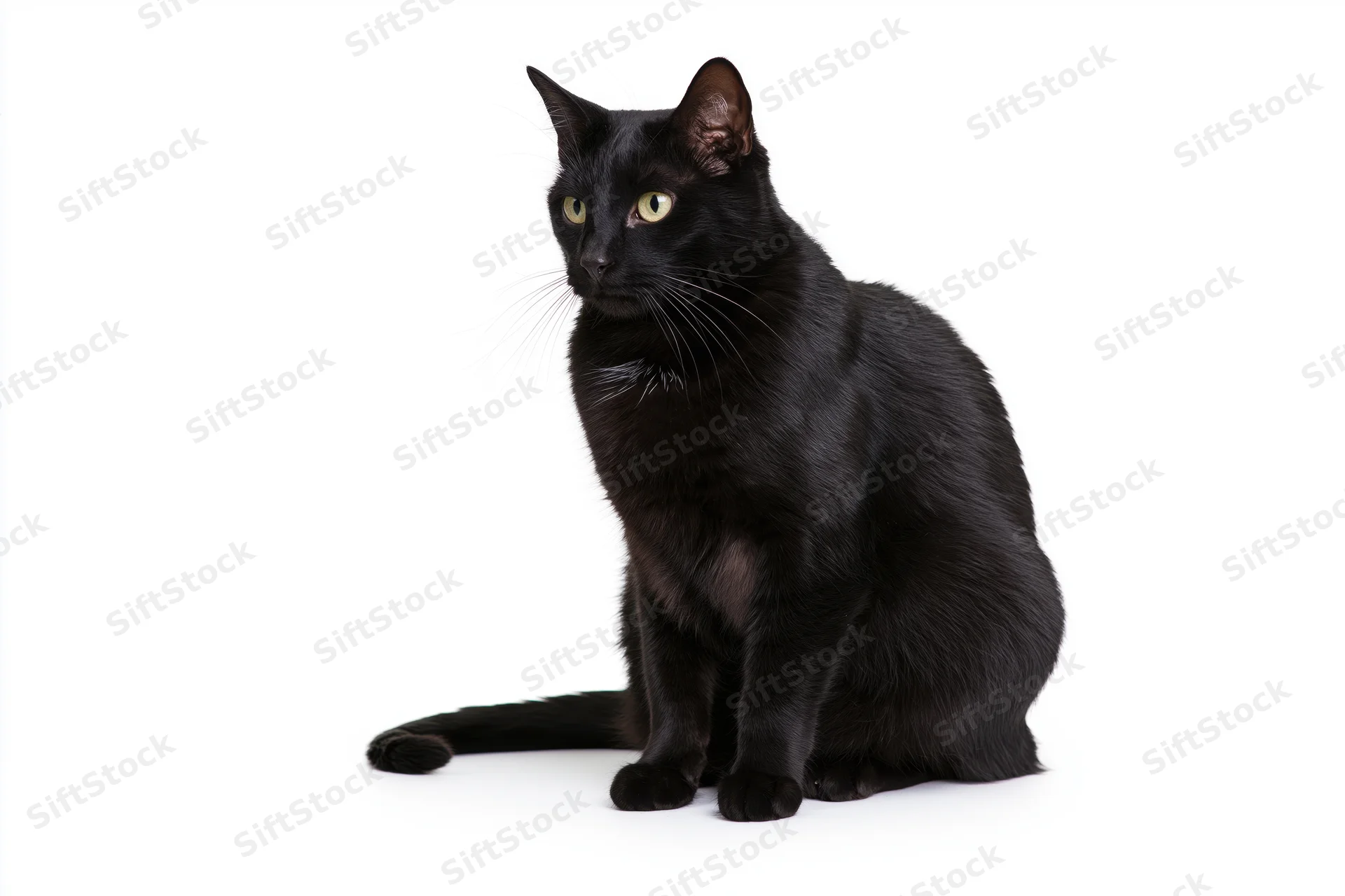 Black domestic cat sitting upright and glancing to the side on white background
