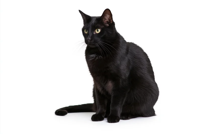 Black domestic cat sitting upright and glancing to the side on white background