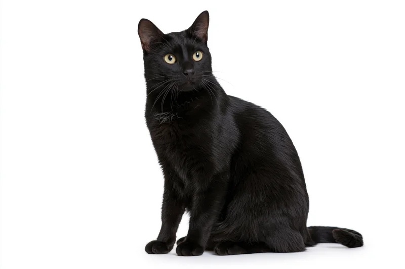Black domestic cat sitting upright and glancing to the side on white background