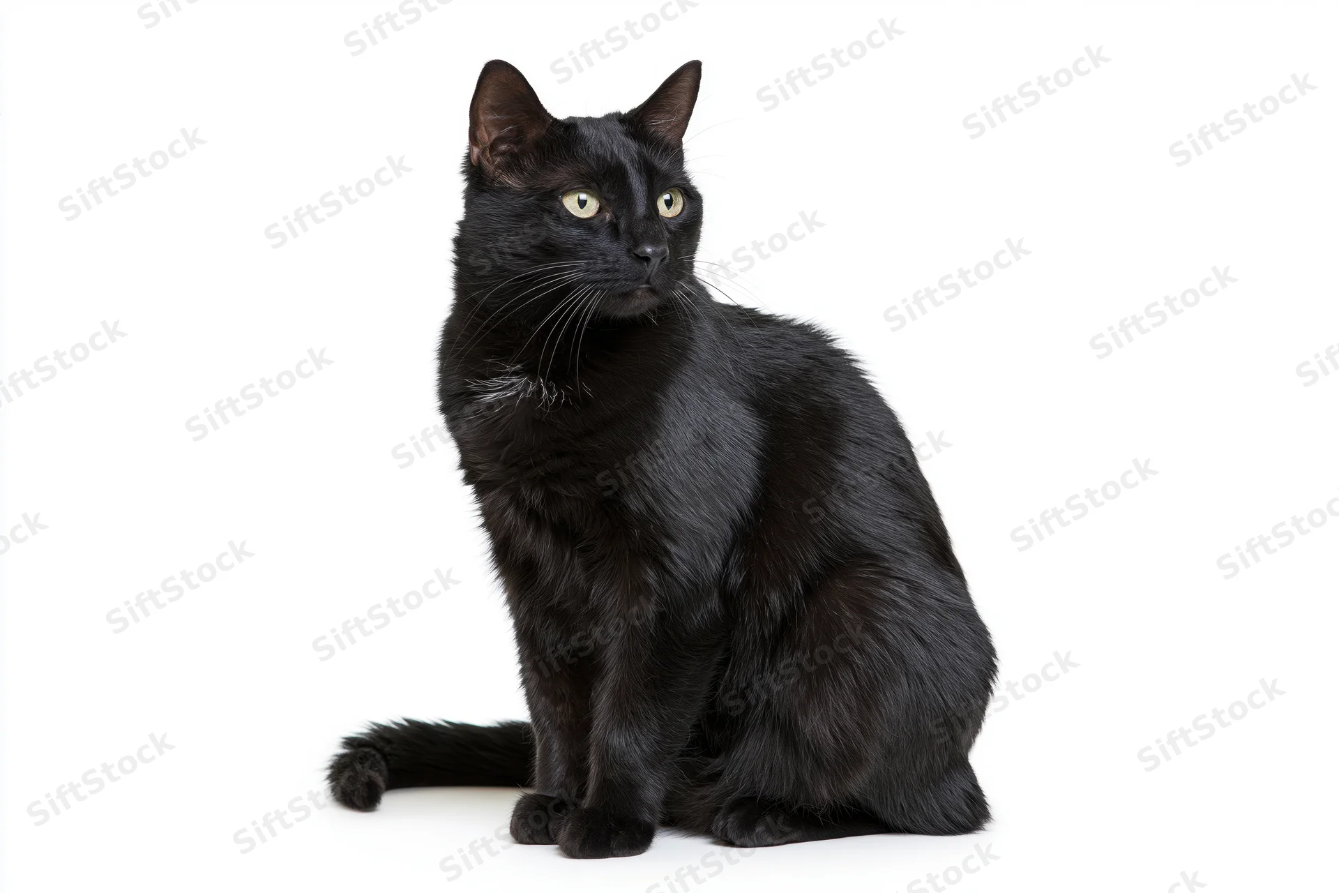 Black domestic cat sitting upright and glancing to the side on white background