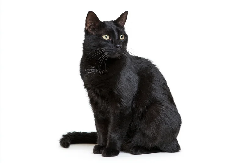 Black domestic cat sitting upright and glancing to the side on white background