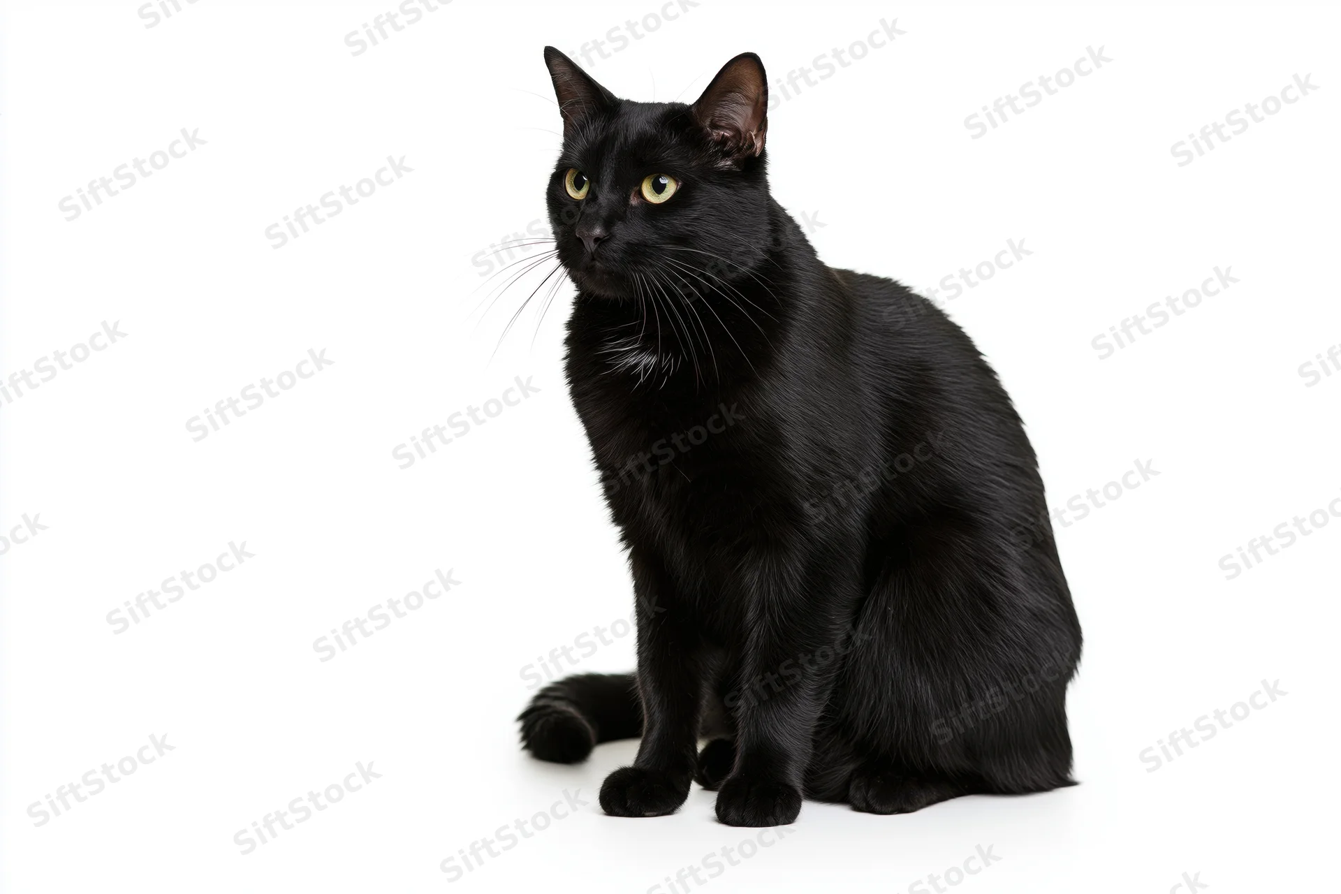 Black domestic cat sitting upright and glancing to the side on white background