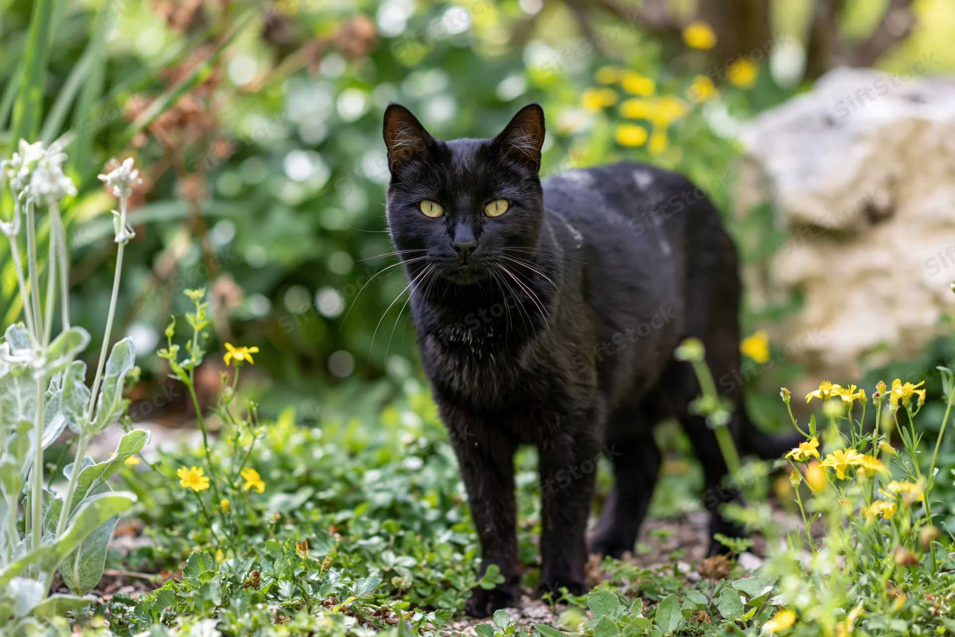 Black cat standing alert in a garden border among green plants and yellow flowers