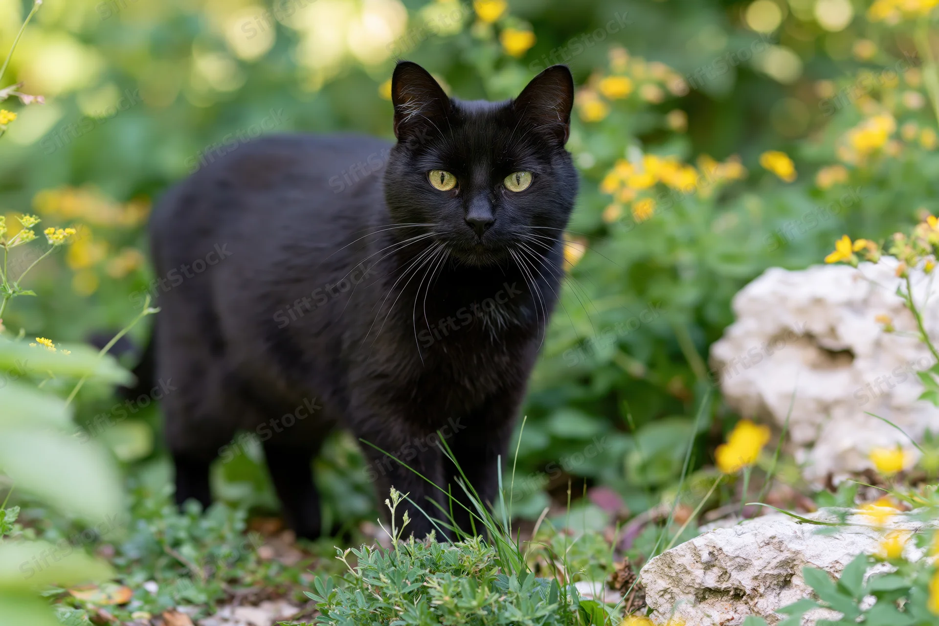 Black domestic cat standing alert in a garden border among green foliage and yellow flowers