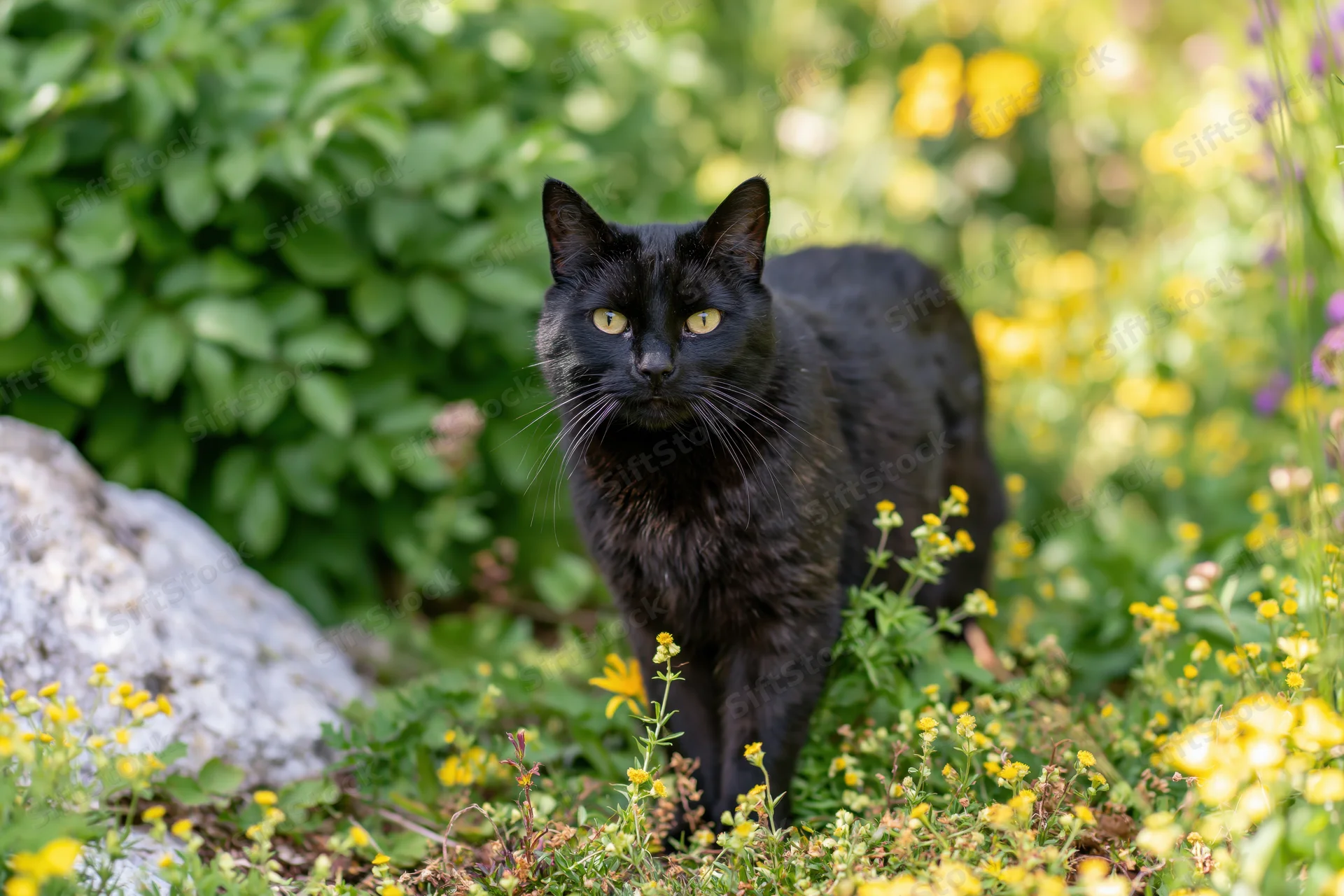 Black cat standing alert in a garden border among yellow flowers and green foliage
