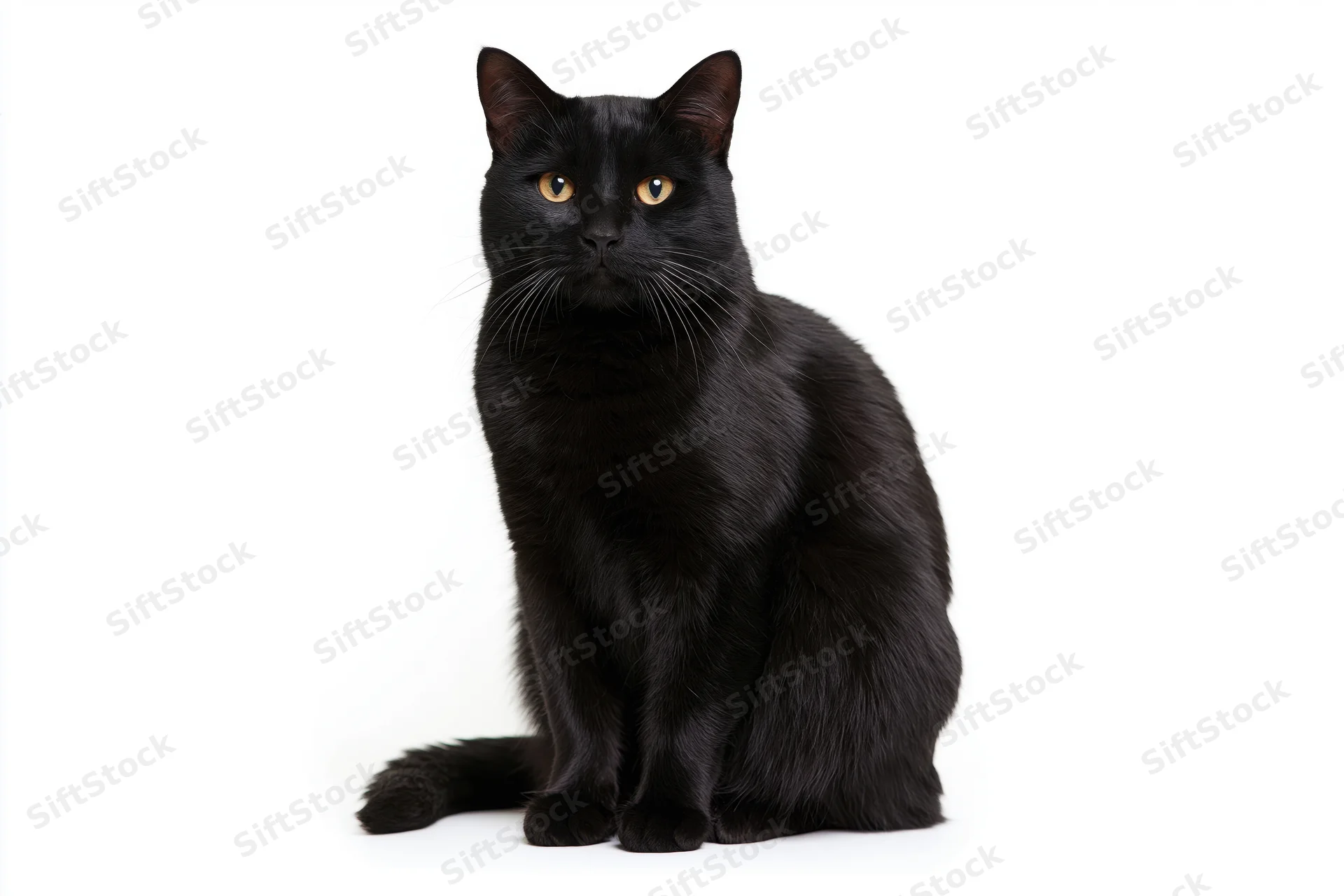 Black domestic shorthair cat sitting upright and facing forward on white background
