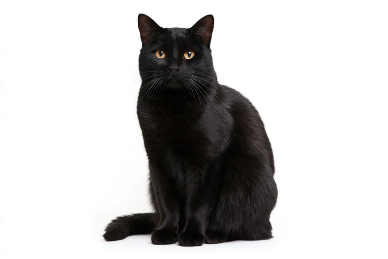 Black domestic shorthair cat sitting upright and facing forward on white background