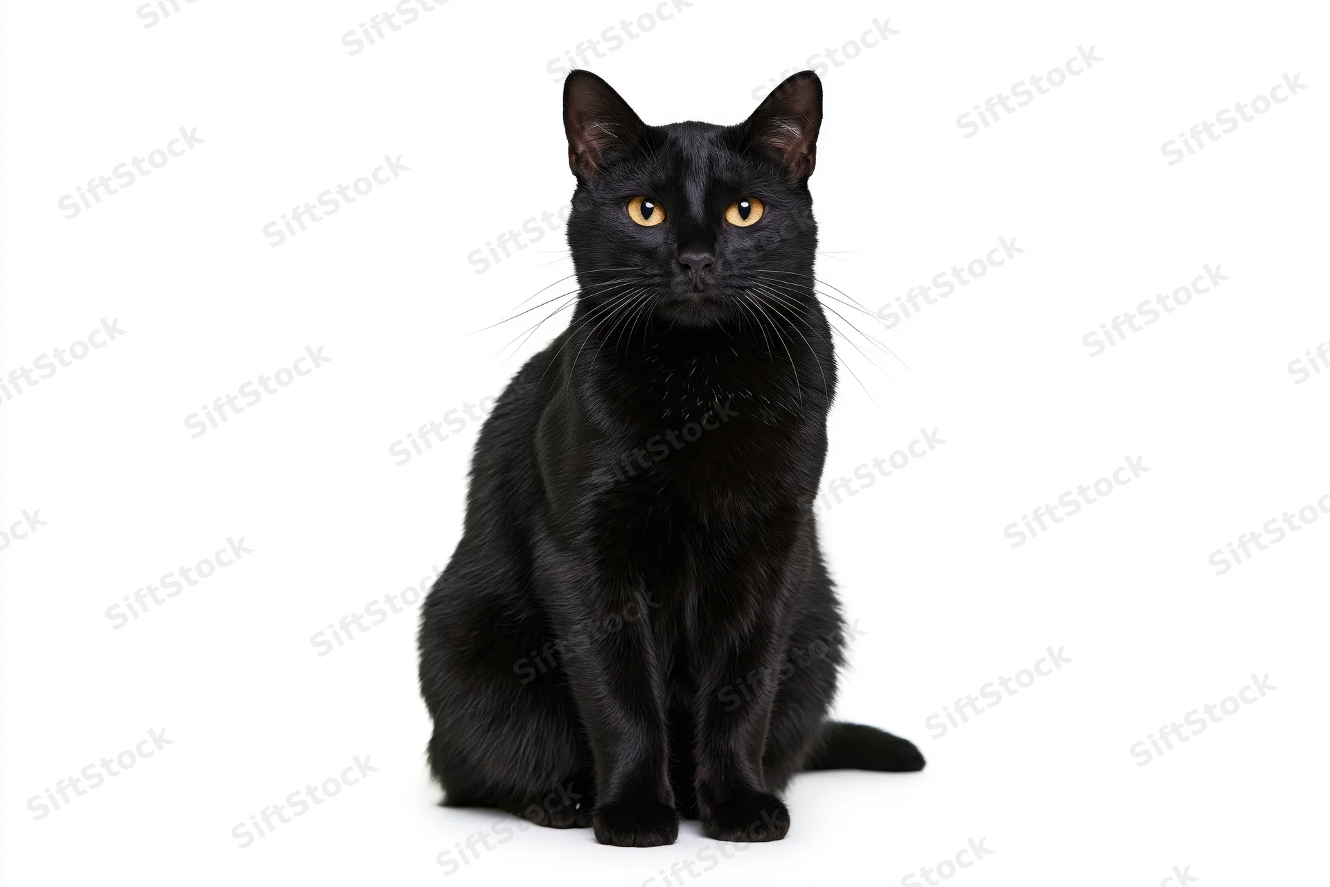 Black domestic shorthair cat sitting upright facing front on white background