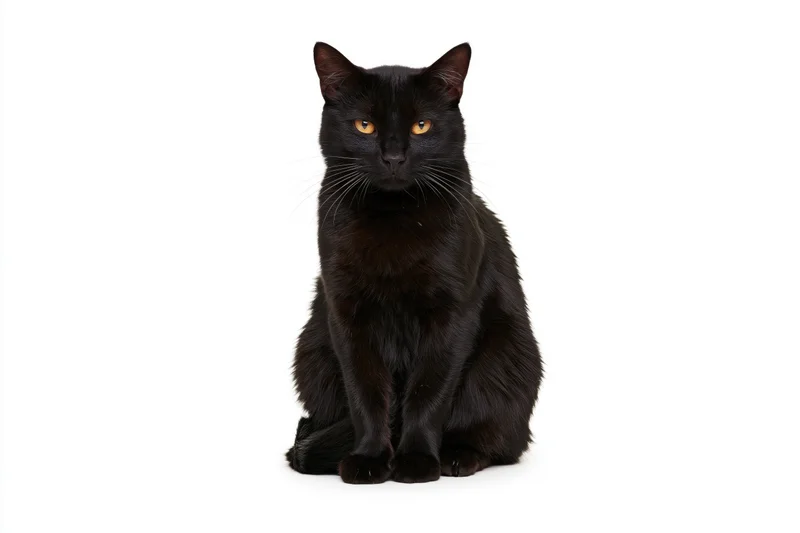 Black domestic shorthair cat sitting upright and facing front on white background