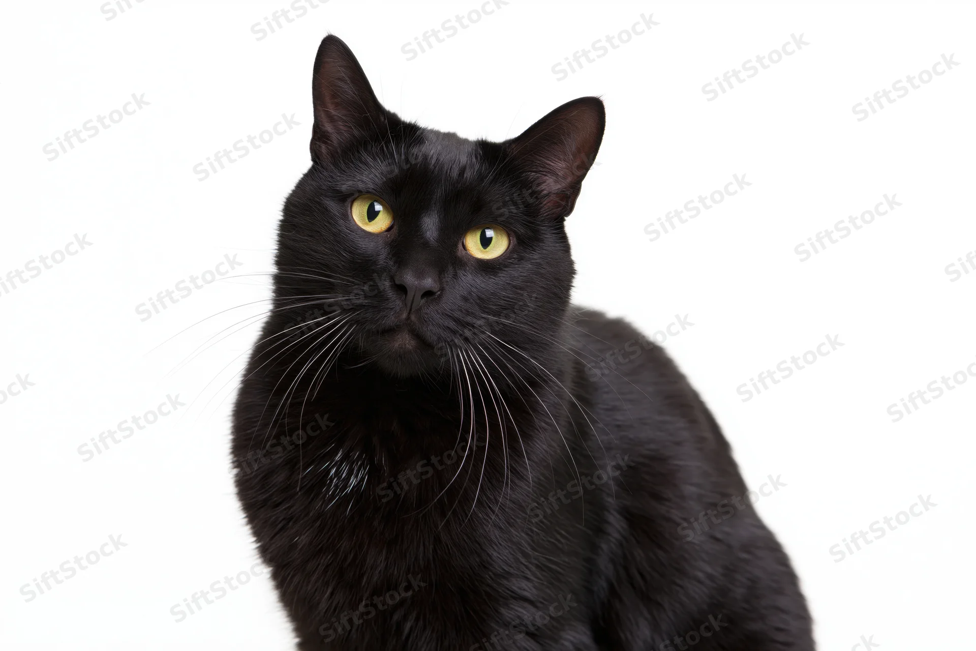Black domestic shorthair cat sitting upright and looking directly at camera against white background