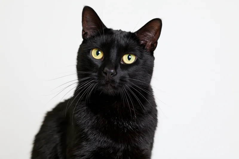 Black domestic shorthair cat sitting upright and looking directly at camera against white background