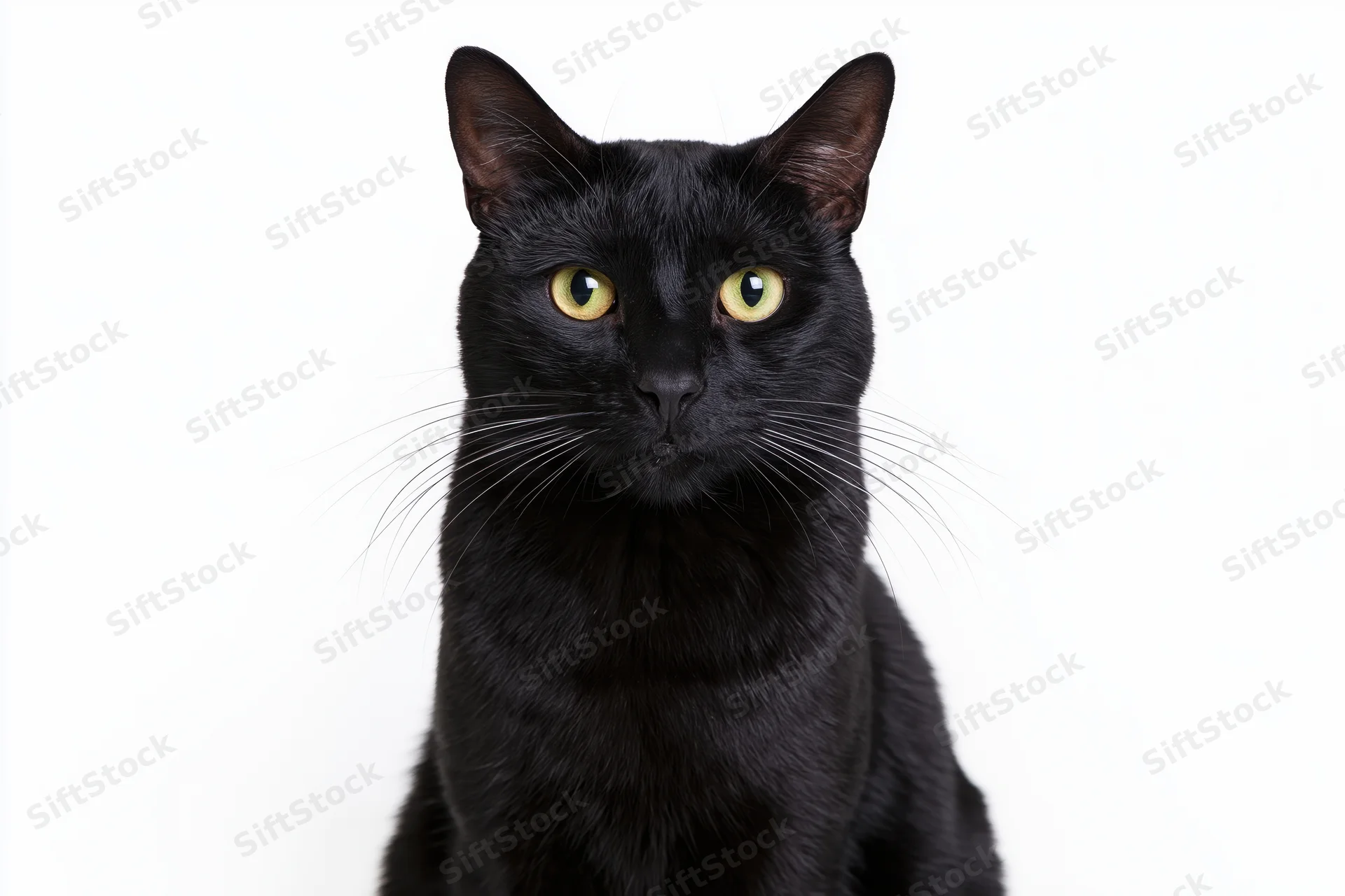 Black domestic shorthair cat sitting upright and looking directly at camera against white background