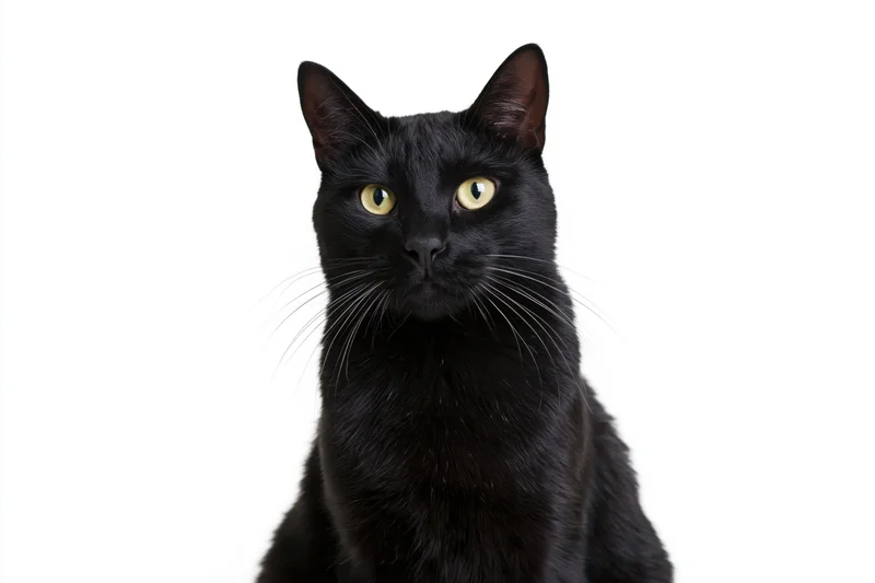Black domestic shorthair cat sitting upright and looking directly at camera against white background