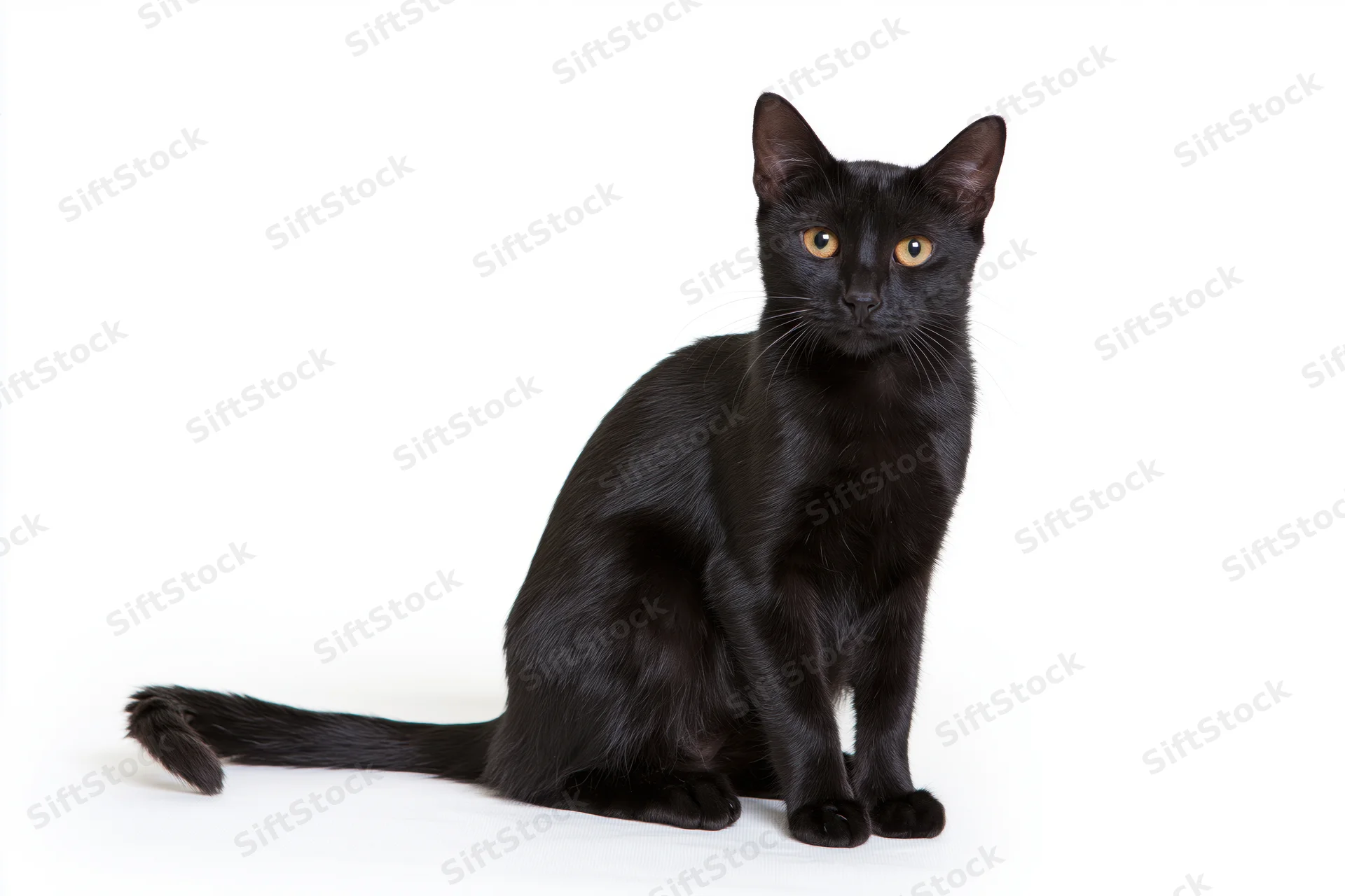Black domestic shorthair cat sitting upright on plain white background