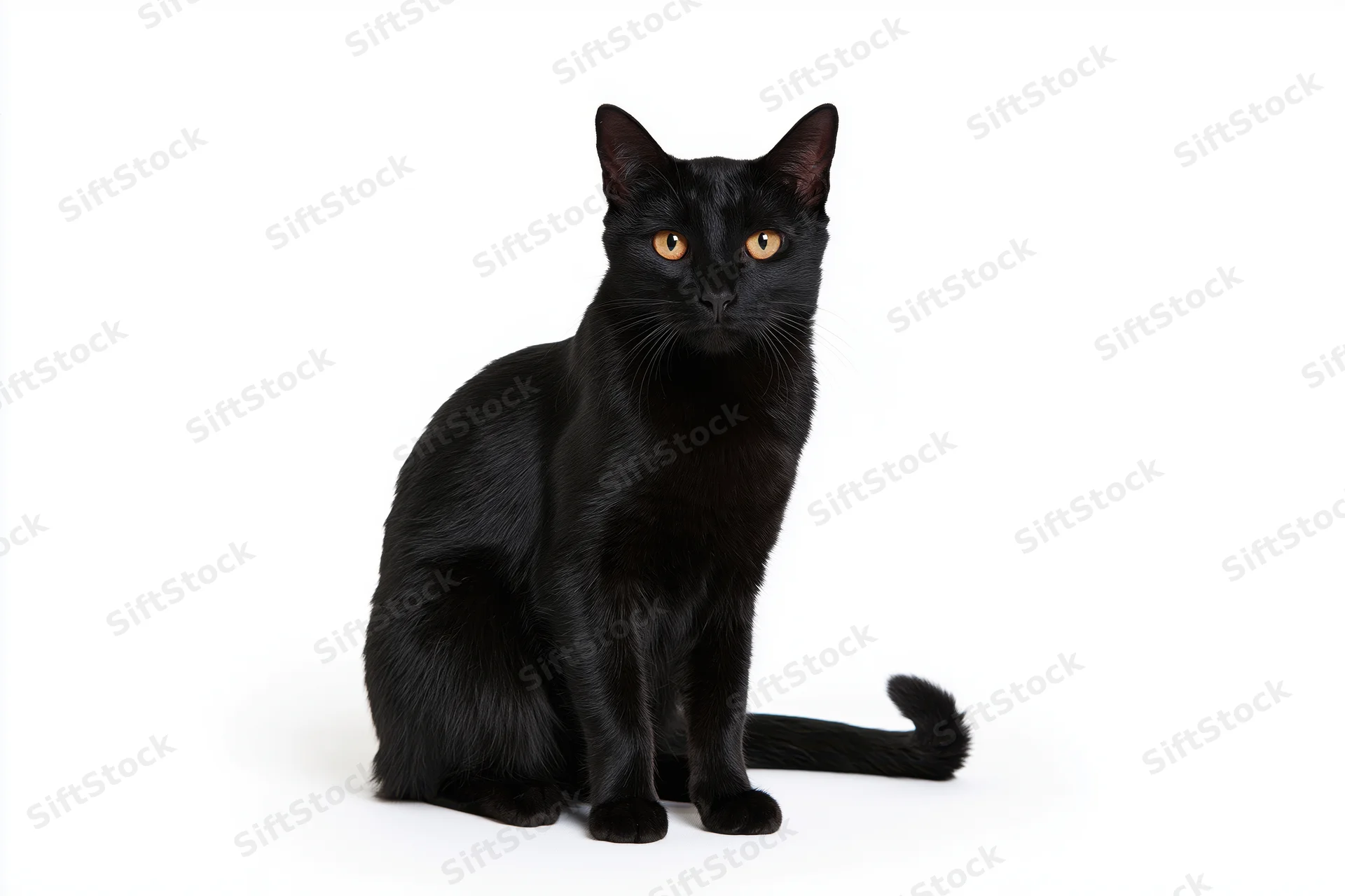 Black domestic shorthair cat sitting upright on plain white background