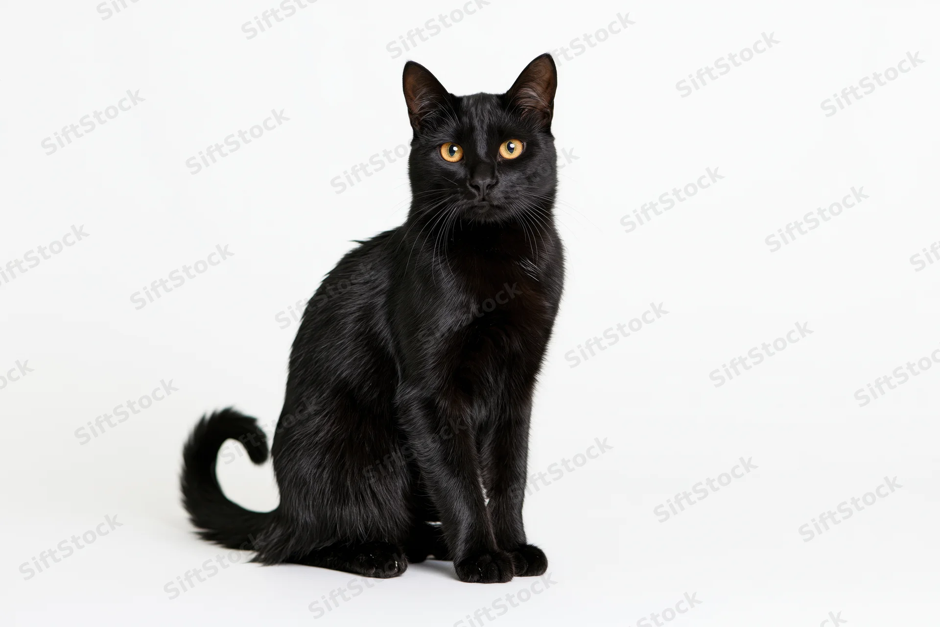 Black domestic shorthair cat sitting upright on plain white background