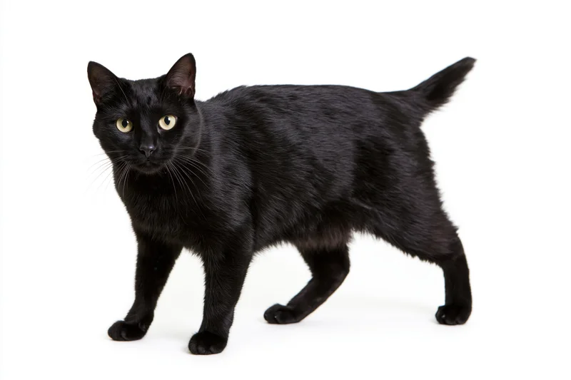 Black domestic shorthair cat standing alert and looking directly at camera on white background