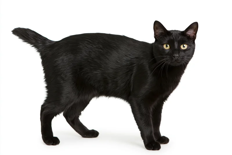 Black domestic shorthair cat standing alert and looking directly at camera on white background