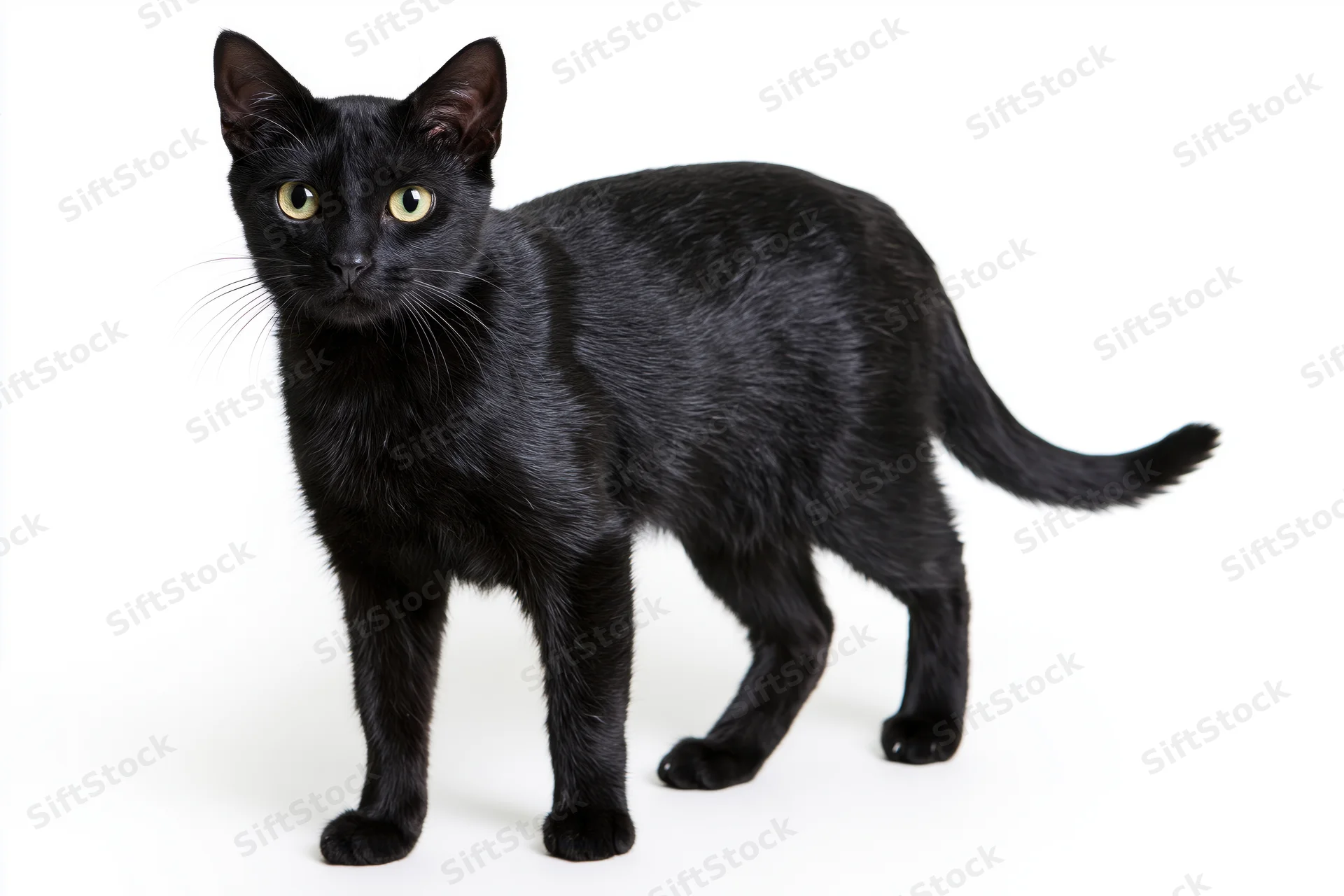 Black domestic shorthair cat standing alert and looking directly at camera on white background