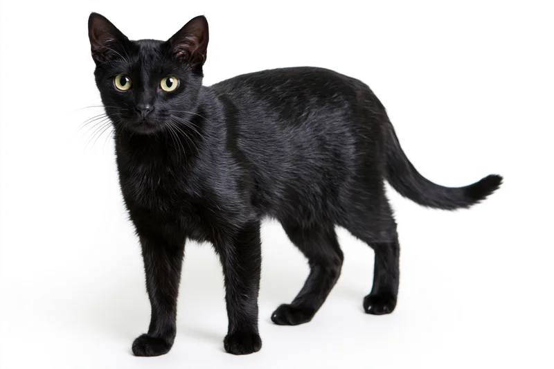 Black domestic shorthair cat standing alert and looking directly at camera on white background