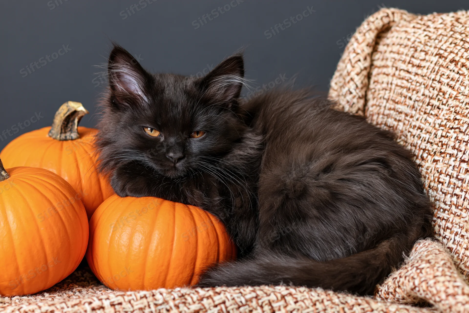 Black fluffy kitten curled on woven blanket with pumpkins