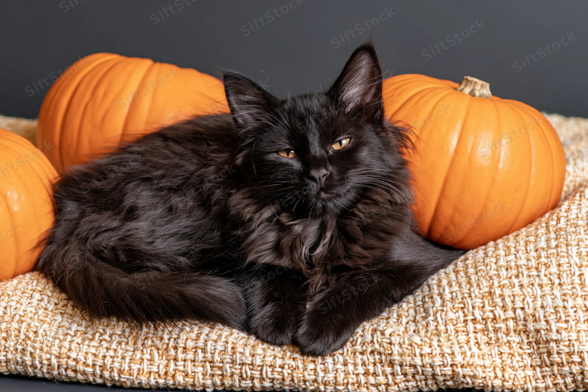 Black fluffy kitten resting on woven blanket surrounded by pumpkins