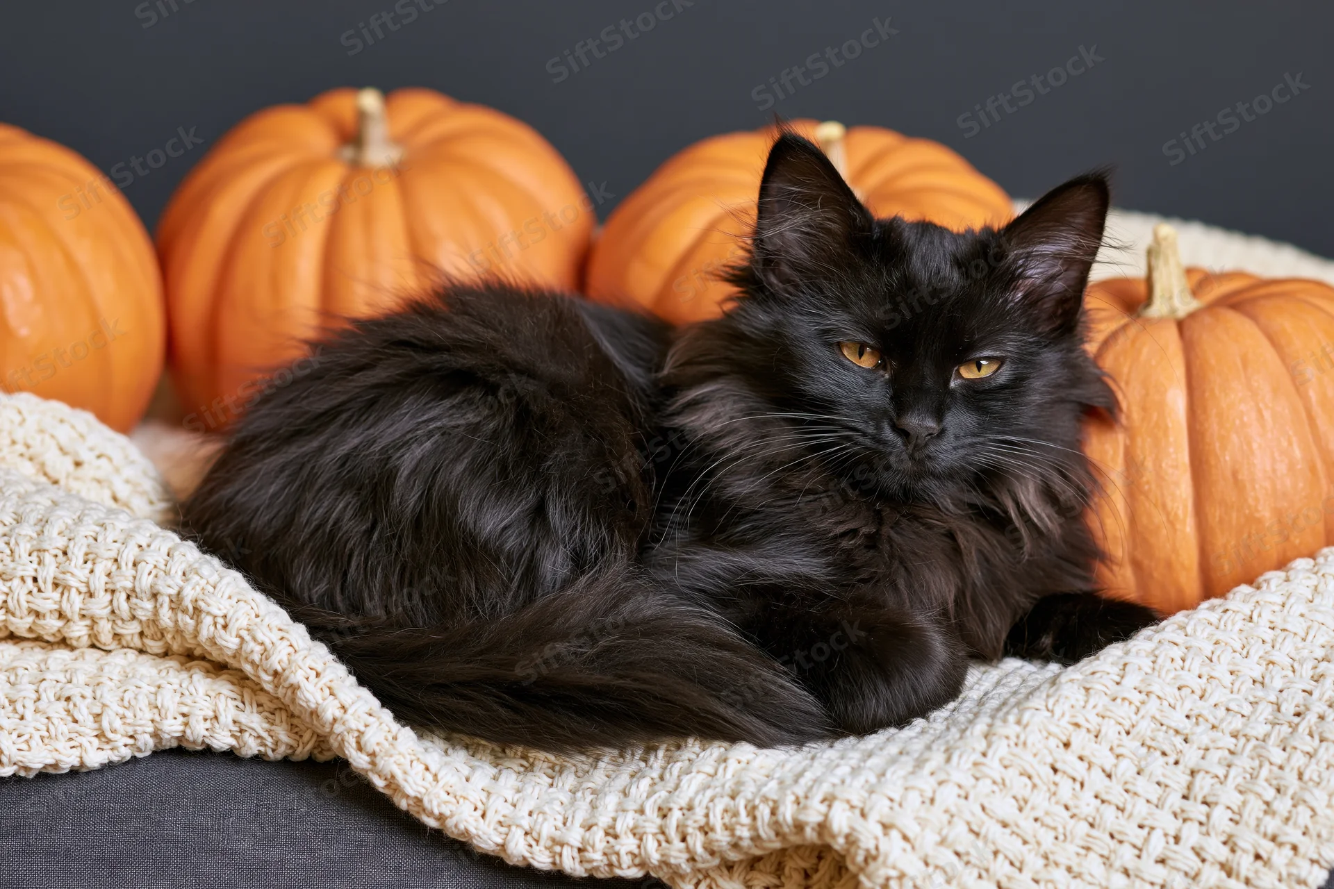Black fluffy cat lying on a cream woven blanket surrounded by orange pumpkins
