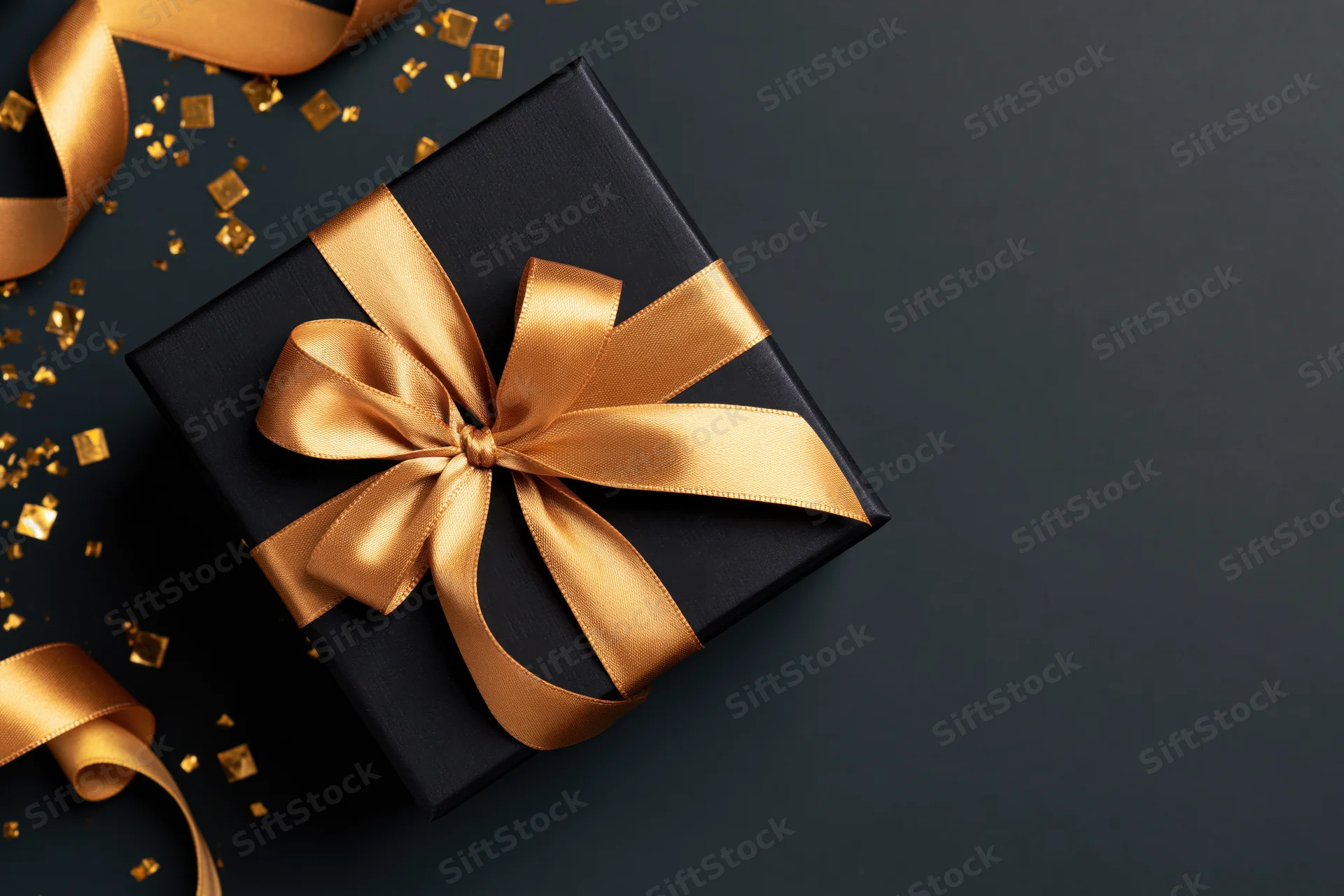 Black gift box with gold satin ribbon bow on dark surface, surrounded by golden confetti, flat lay top view with copyspace
