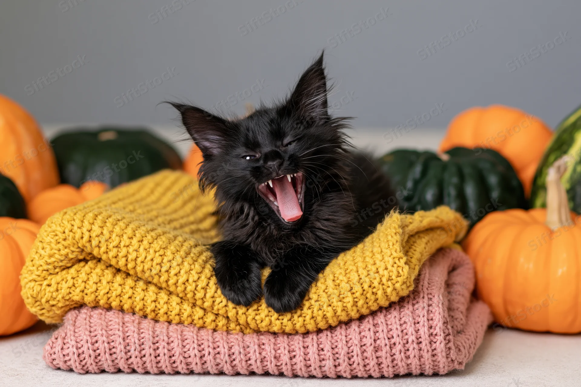 Black kitten mid-yawn lying on folded knitted sweaters surrounded by pumpkins