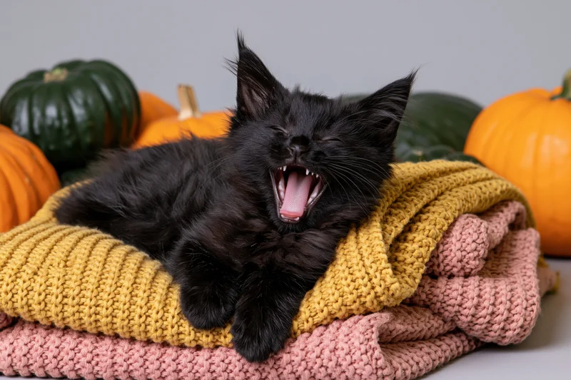 Black kitten mid-yawn lying on folded knitted blankets with pumpkins around