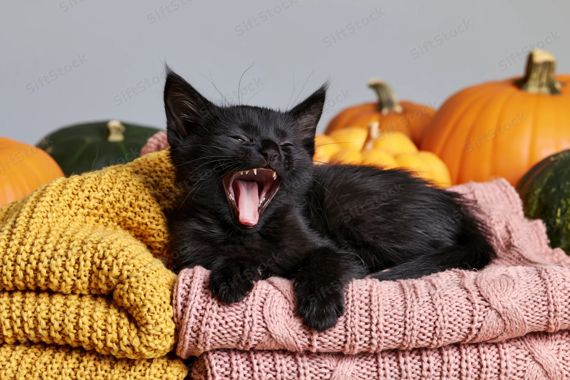 Black kitten mid-yawn lying on folded knitted sweaters with pumpkins in background