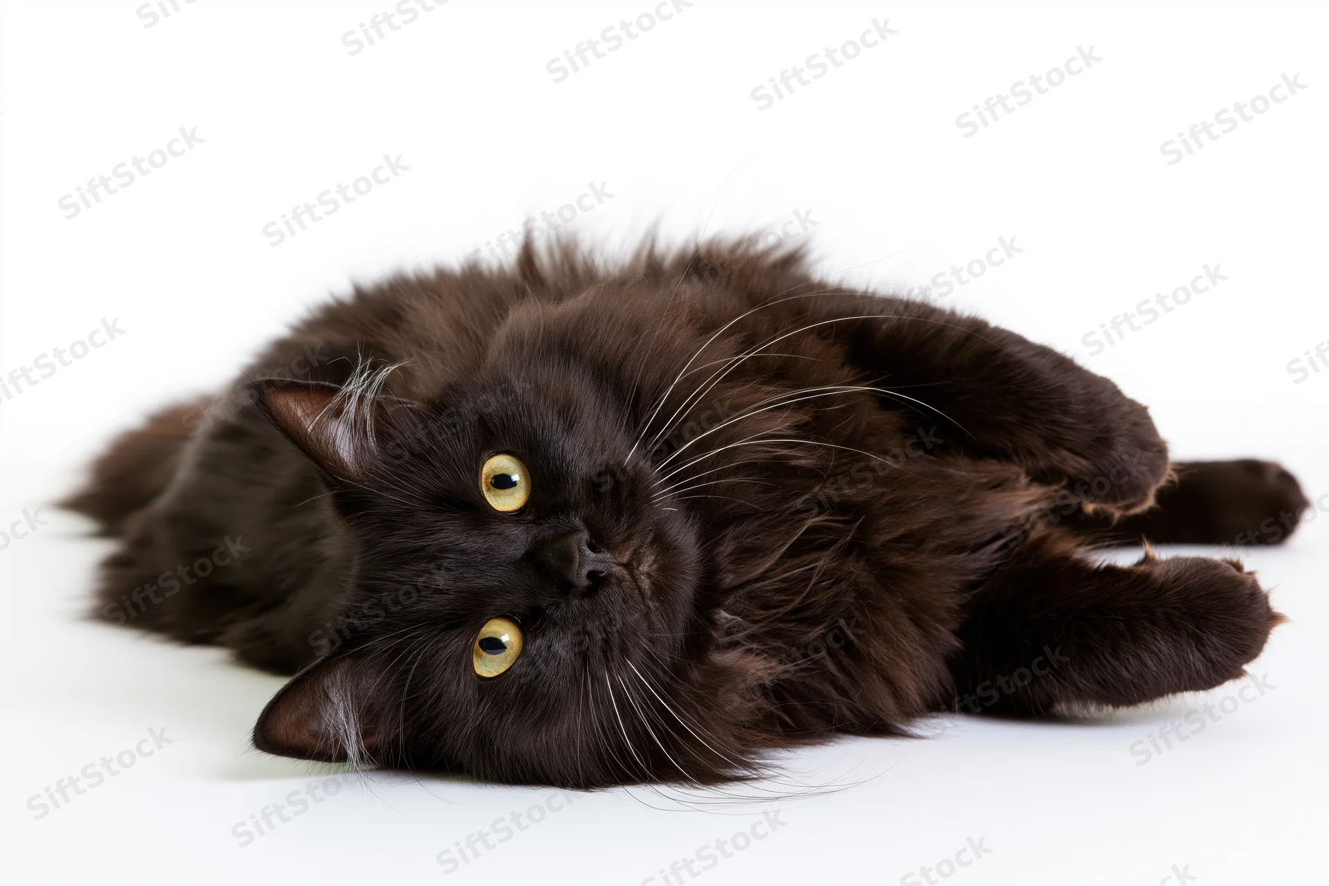 Black longhaired cat lying on its side looking directly at camera on white background
