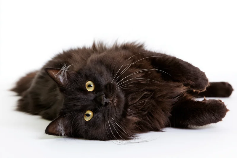 Black longhaired cat lying on its side looking directly at camera on white background