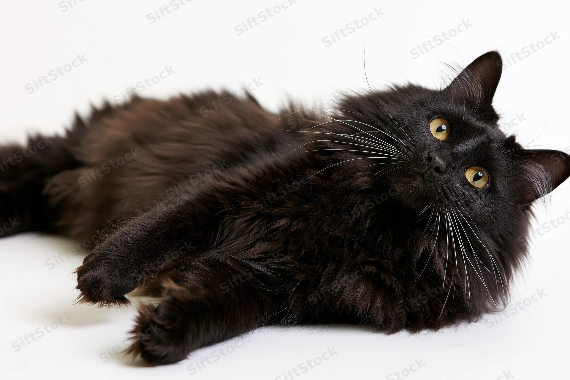 Black longhaired cat lying on its side looking directly at camera on white background