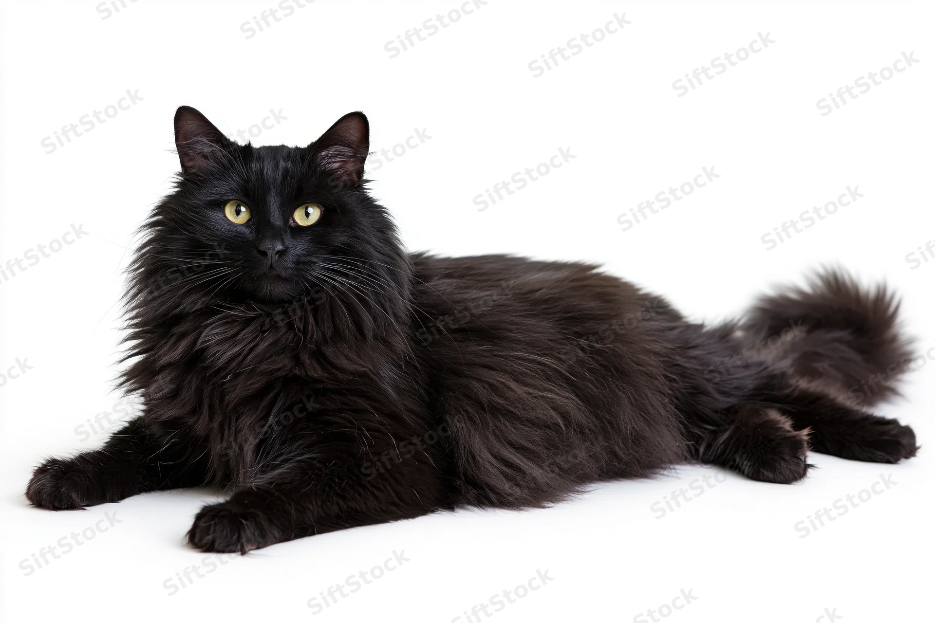 Black longhaired cat lying relaxed on white surface in studio portrait
