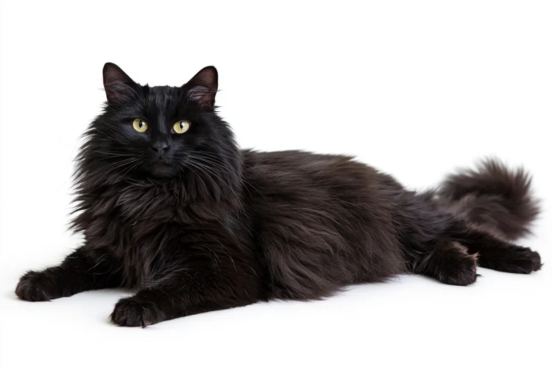 Black longhaired cat lying relaxed on white surface in studio portrait
