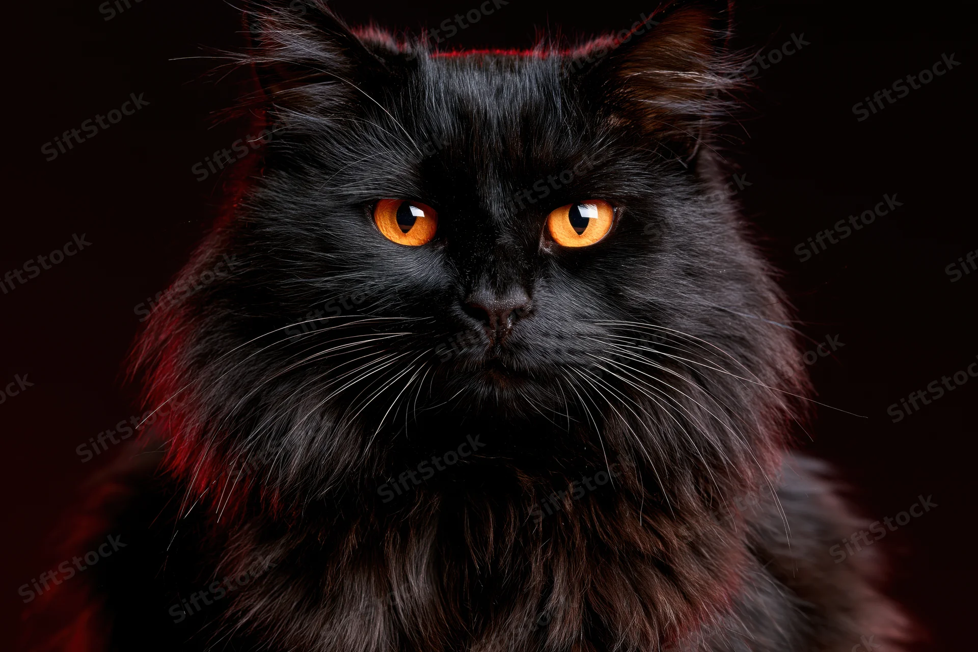Black longhaired cat facing camera directly with intense orange eyes in dark studio setting
