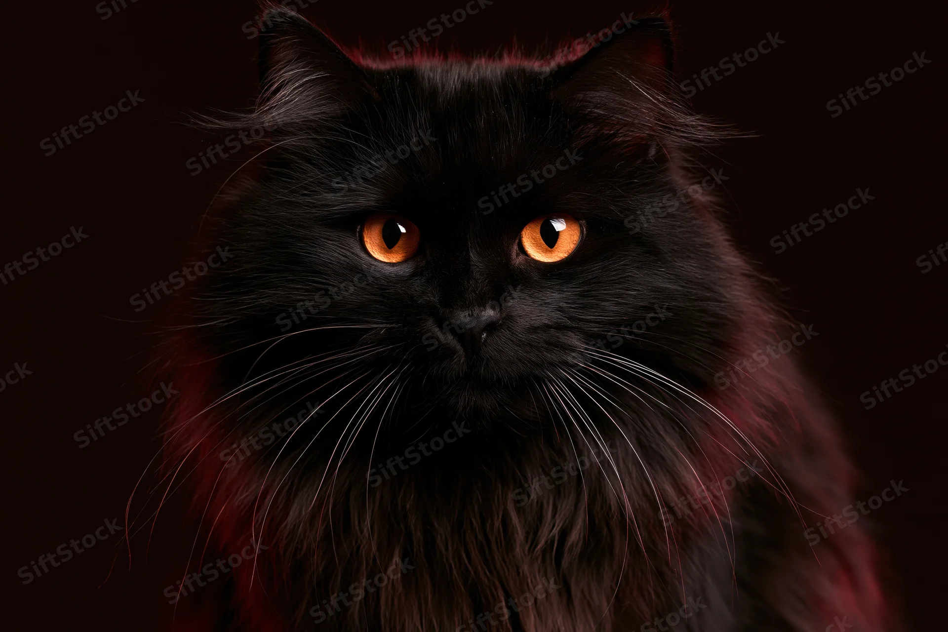 Black longhaired cat facing camera directly in studio portrait with intense orange eyes