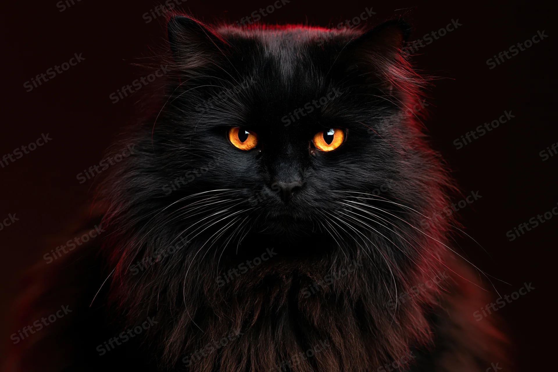 Black longhaired cat facing camera with intense orange eyes in dark studio lighting