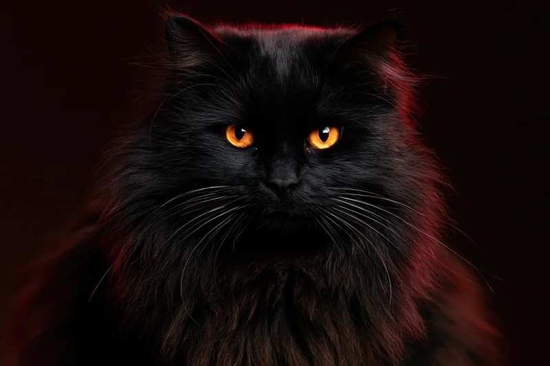Black longhaired cat facing camera with intense orange eyes in dark studio lighting