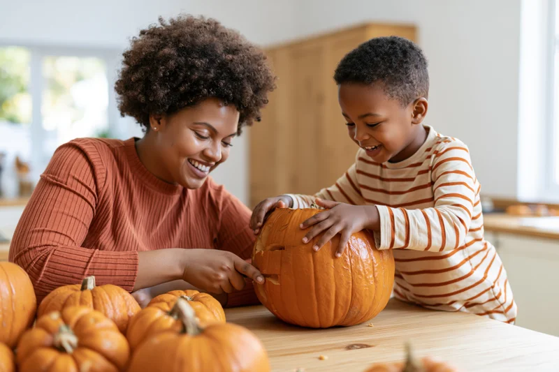 Mother and son carving a pumpkin together in the kitchen