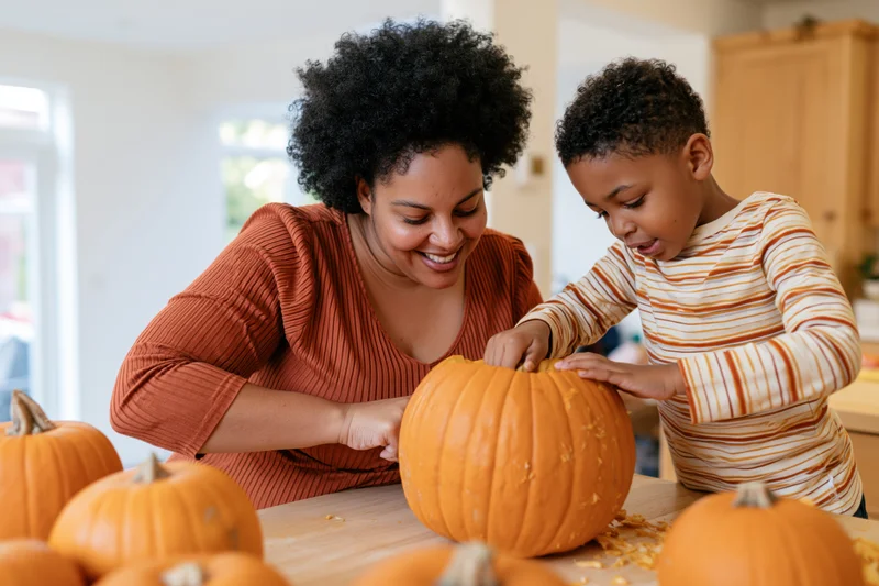 Mother and son carving a pumpkin together in the kitchen