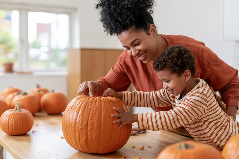 Mother and son carving a pumpkin together in the kitchen