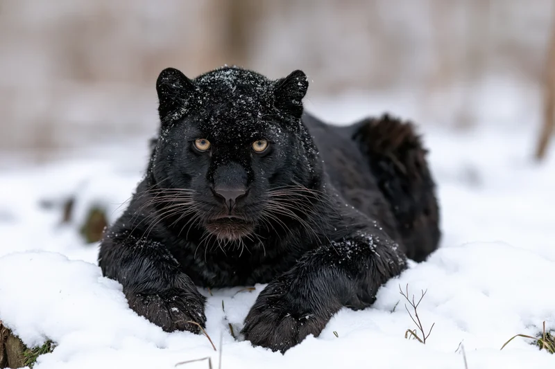 Black panther resting low in deep snow facing the camera with golden eyes