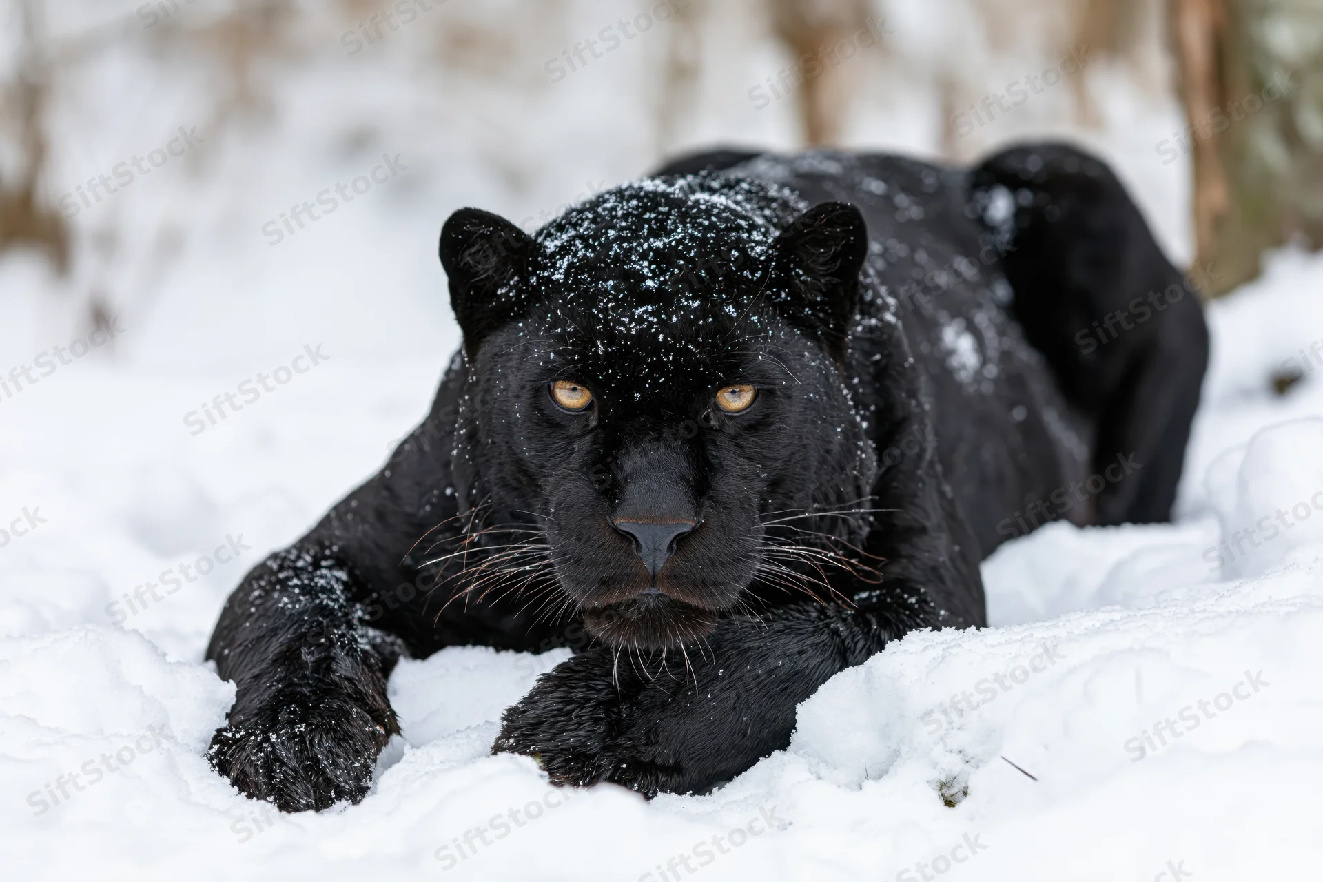 Black panther lying low in deep snow facing the camera with golden eyes